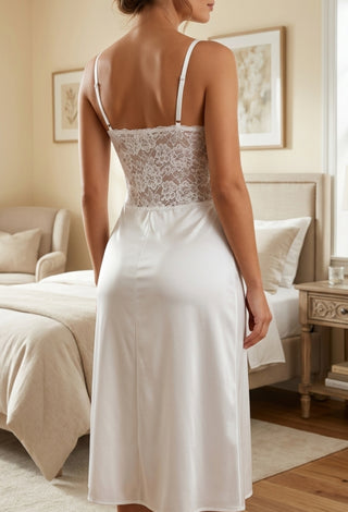 Elegant Bridal White Satin Lace Nightdress - W358