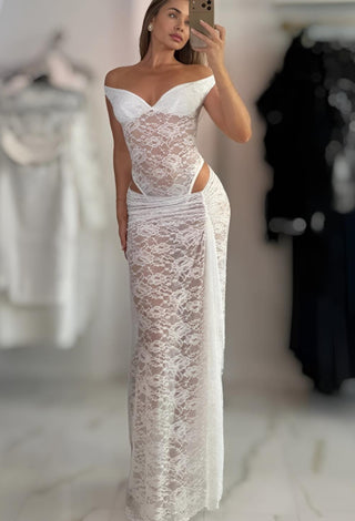 Elegant White Lace Bodysuit with Skirt Set - R461