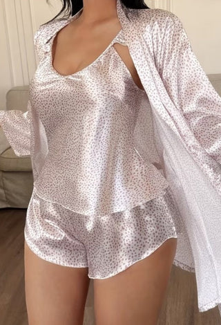 Printed 3 Pieces Satin Pajama Set with Robe - W728