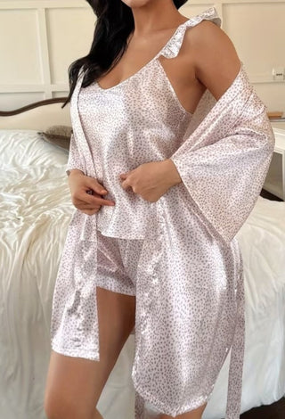 Printed 3 Pieces Satin Pajama Set with Robe - W728