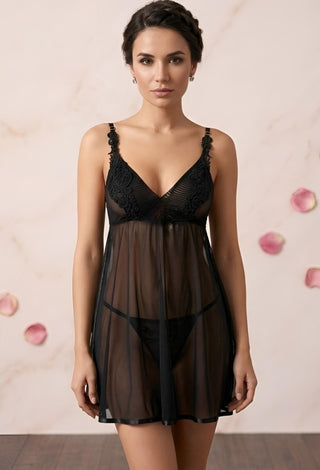 Black Sheer Tulle Lingerie Set 2 Pieces Satin Bow - Eve 6884