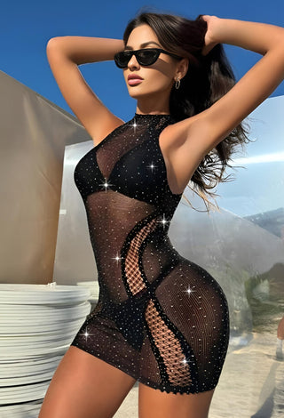 Black Fishnet Rhinestone Lingerie Dress - W-05