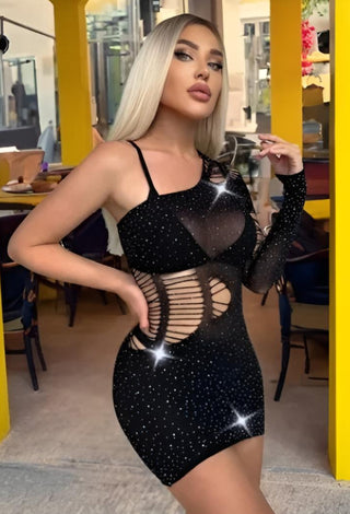 Black Rhinestone Fishnet One Shoulder Lingerie Dress - 65808