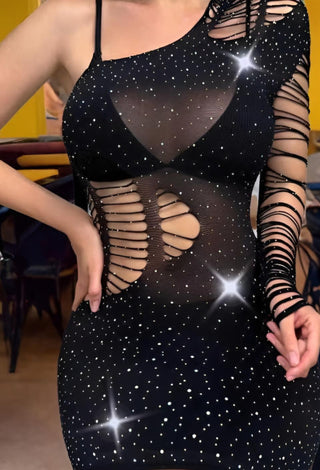 Black Rhinestone Fishnet One Shoulder Lingerie Dress - 65808