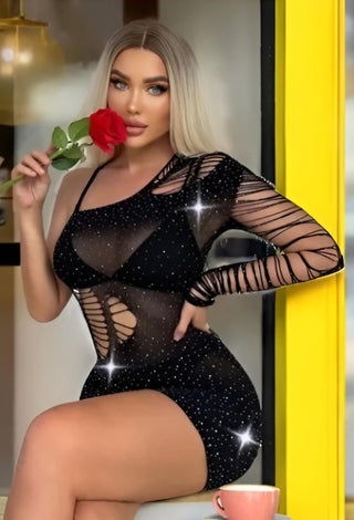 Black Rhinestone Fishnet One Shoulder Lingerie Dress - 65808