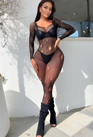 Black Fishnet – Polka Dot Cut-Out One Piece Lingerie Suit - W-160