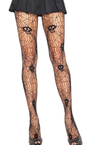 Black Skull Fishnet Tights – Patterned Mesh Stockings - 5333