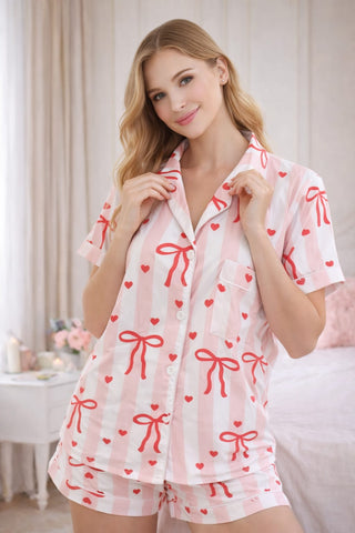 Striped Satin Pajama Set Pink & White - W672