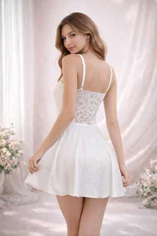 Soft Elegant White Satin Lingerie with Lace - W661