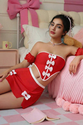 Baby Blue Bow Corset Set – Off Shoulder Mini Skirt Coquette Outfit - Joly 2274