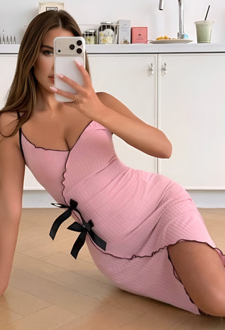 Bella Bows Ribbed Lounge Dress with Ribbon Details - Simple 5203 - Mina Femme