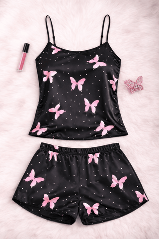 Black Butterfly Satin Pajama Set | Mina Femme Sweet Noir Collection - W633 - Mina Femme