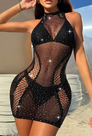 Black Fishnet Rhinestone Lingerie Dress - W-05 - Mina Femme