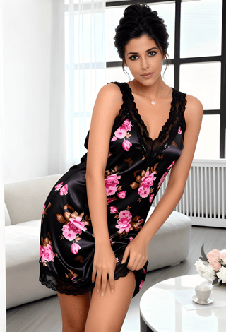 Black Floral Satin Lace Nightdress for Women | Luxury Satin Sleepwear – Mina Femme W541 - Mina Femme