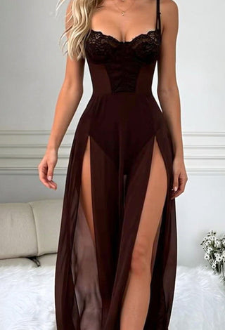 Black Lace & Tulle Long Lingerie Dress - R404 - Mina Femme
