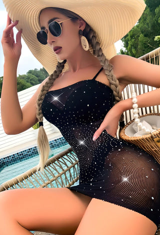 Black Rhinestone Mesh Lingerie Cover | Sheer Sparkle - 6010 - Mina Femme