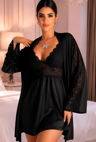 Black Satin & Lace Lingerie Nightdress with Robe – Unpadded - W065 - Mina Femme