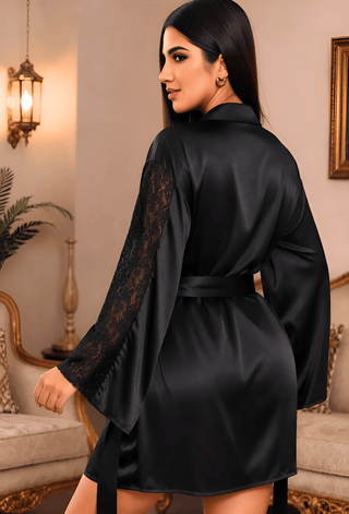 Black Satin & Lace Lingerie Nightdress with Robe – Unpadded - W065 - Mina Femme