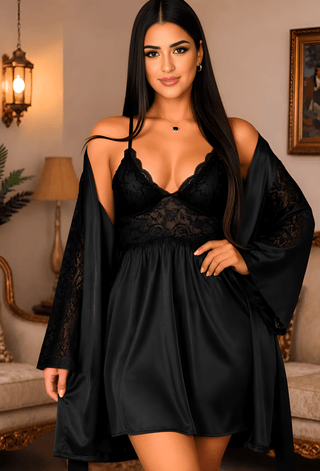 Black Satin & Lace Lingerie Nightdress with Robe – Unpadded - W065 - Mina Femme