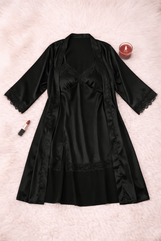 Black Satin Lace Nightdress and Robe Set for Women | Luxury Sleepwear – W617 - Mina Femme