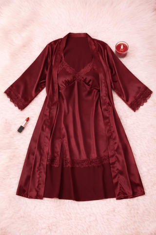 Black Satin Lace Nightdress and Robe Set for Women | Luxury Sleepwear – W617 - Mina Femme