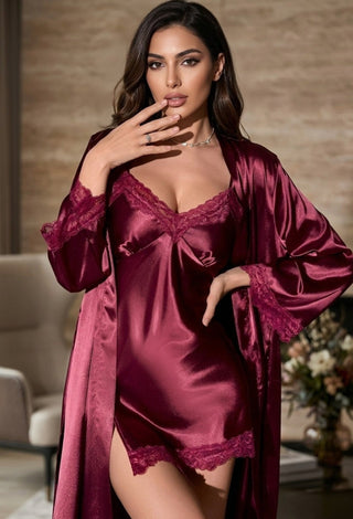 Black Satin Lace Nightdress and Robe Set for Women | Luxury Sleepwear – W617 - Mina Femme