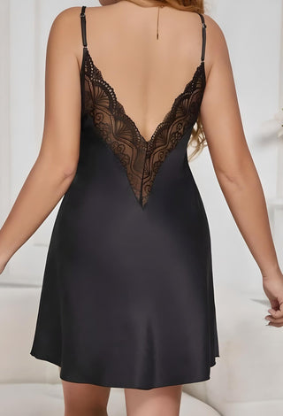 Black Satin Nightdress with Lace Robe | Luxury 2-Piece Lingerie Set – W482 - Mina Femme