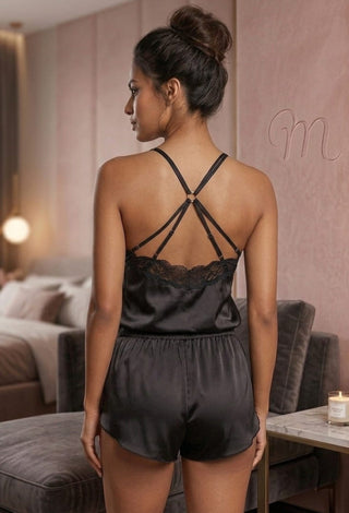 Black Satin Pajama Set with Lace - W460 - Mina Femme