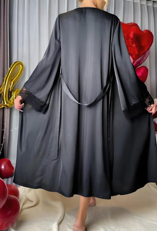 Black Satin Robe with Lace – Elegant Luxury Sleepwear - W305 - Mina Femme