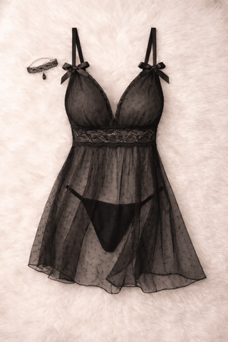 Black Sheer Babydoll Lingerie for Women | Romantic Lace Nightwear – R457 - Mina Femme