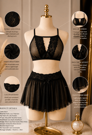 Black Sheer Lace Lingerie Set with Mesh Bralette & Flowy Mini Skirt | R293 - Mina Femme