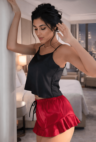 Black Top & Red Shorts Pajama Set - W051 - Mina Femme