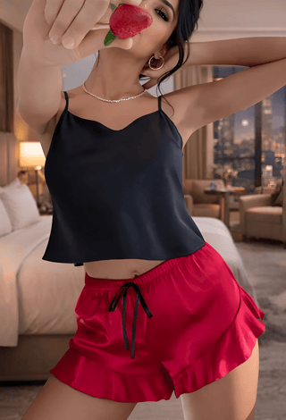 Black Top & Red Shorts Pajama Set - W051 - Mina Femme