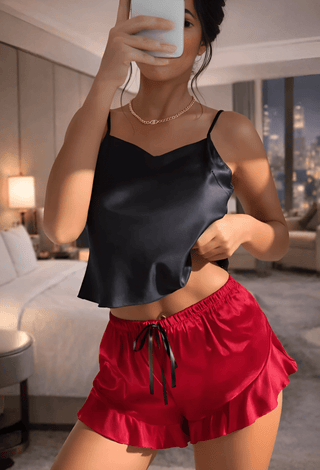 Black Top & Red Shorts Pajama Set - W051 - Mina Femme