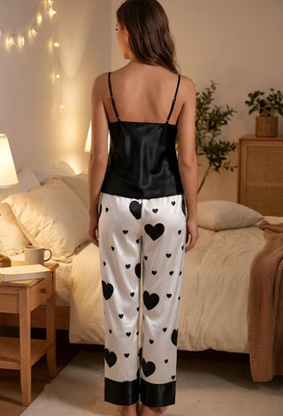 Black & White Heart Print Satin Pajama - W536 - Mina Femme