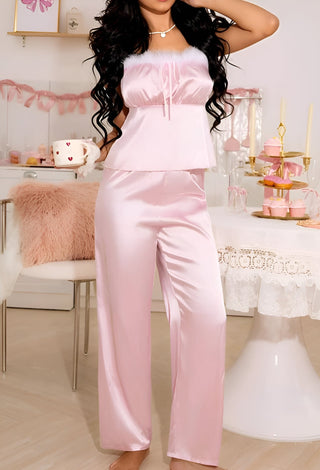 Blush Feather Satin Pajama Set - W622 - Mina Femme