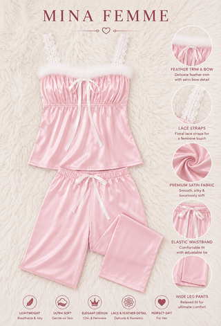 Blush Feather Satin Pajama Set - W622 - Mina Femme