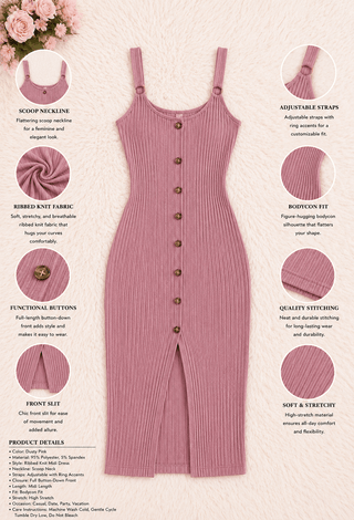 Blush Ribbed Button-Front Midi Dress - Simple 5196 - Mina Femme