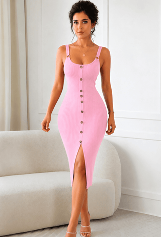Blush Ribbed Button-Front Midi Dress - Simple 5196 - Mina Femme