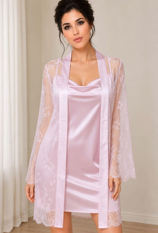 Blush Satin Bridal Chemise & Lace Robe Set - W523 - Mina Femme