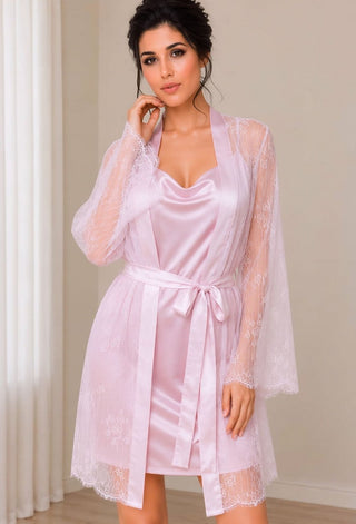 Blush Satin Bridal Chemise & Lace Robe Set - W523 - Mina Femme