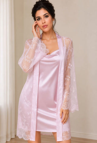 Blush Satin Bridal Chemise & Lace Robe Set - W523 - Mina Femme