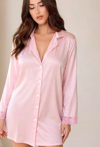 Blush Satin Button-Up Night Shirt - W645 - Mina Femme