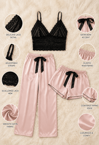 Blush Satin Lace Lounge Set – 3 Piece Collection - W086 - Mina Femme