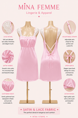 Blush Satin Lace Nightdress | Pink Satin Sleep Dress - W608 | Mina Femme - Mina Femme