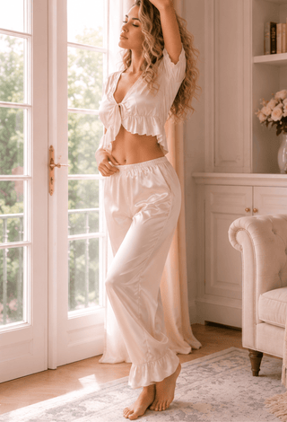 Bridal Satin Long Pajama Set - W606 | Mina Femme - Mina Femme