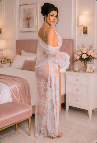 Bridal Set White Lace Lingerie Bodysuit with Long Robe - R443 - Mina Femme