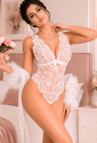 Bridal Set White Lace Lingerie Bodysuit with Long Robe - R443 - Mina Femme
