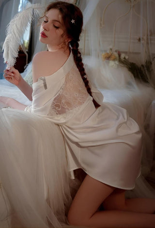 Bridal White Satin Nightshirt with Lace - W597 | Mina Femme - Mina Femme
