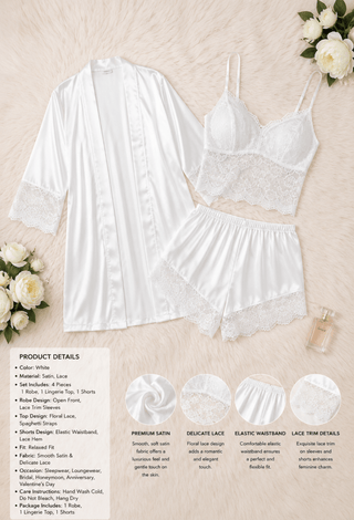 Bridals White Satin Lace Pajama Set 3 Pieces W395 | Mina Femme - Mina Femme
